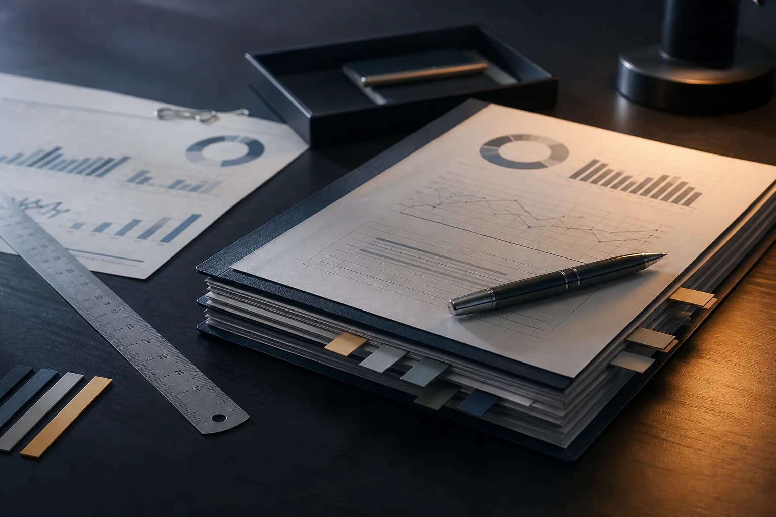 Financial charts and analysis reports laid out on a desk with a pen.