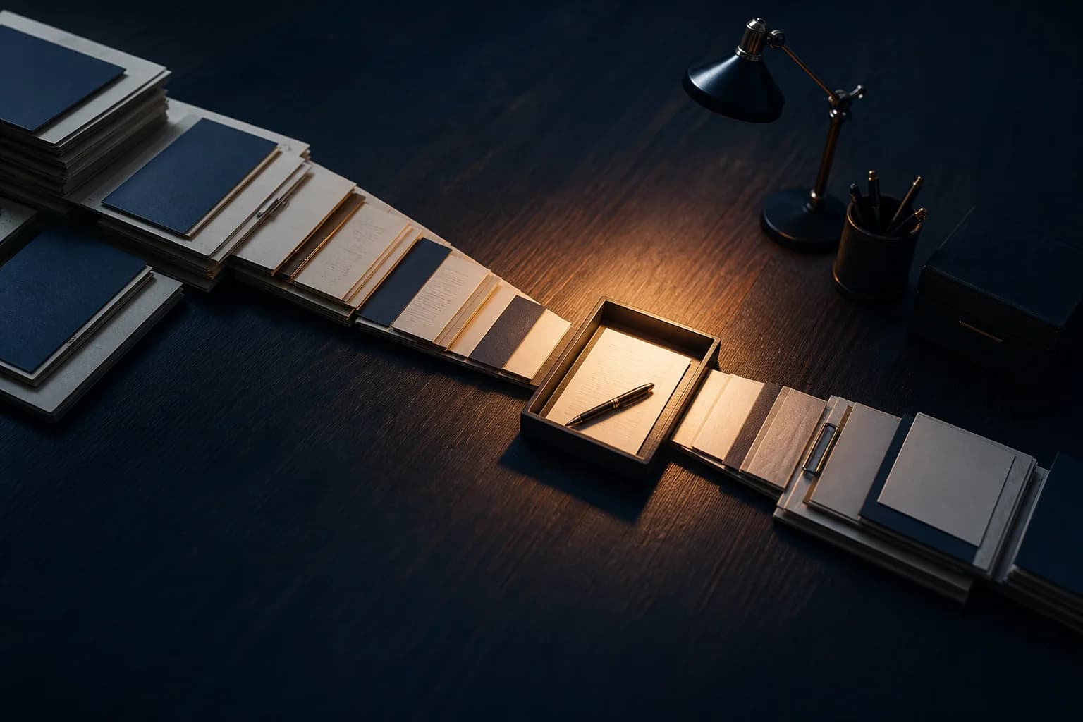 A winding trail of document folders converging toward a single illuminated point on a desk.