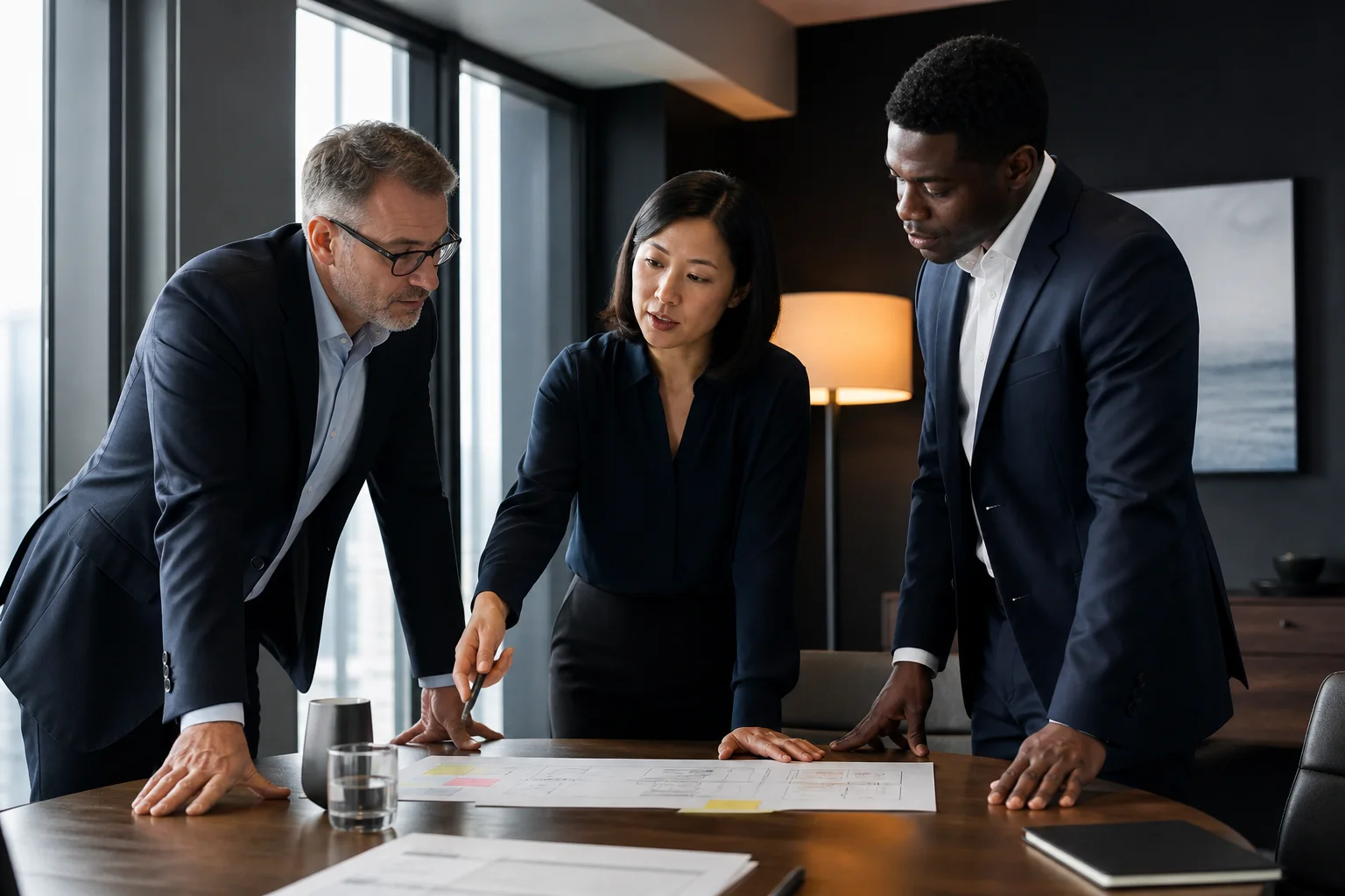 Three professionals reviewing documents together around a table.